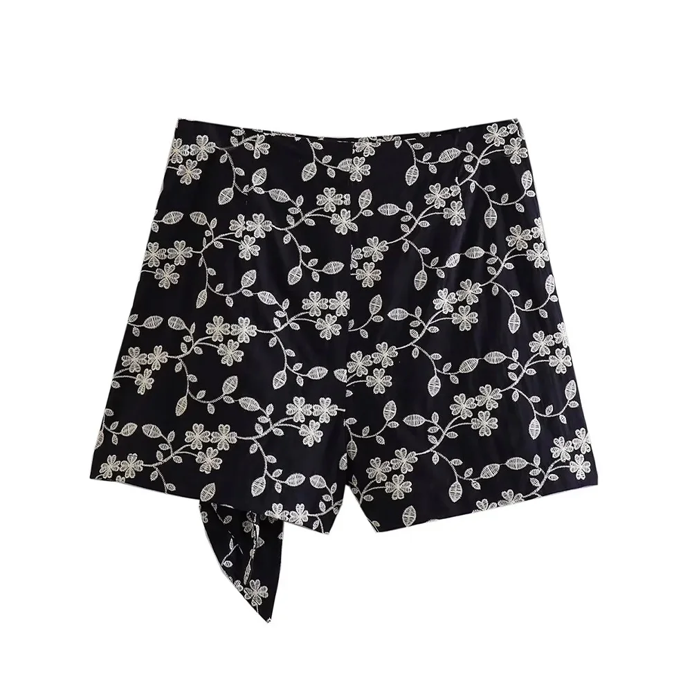 TRAF Women Fashion Front Knotted Embroidery Shorts Skirts Vintage High Waist Side Zipper Female Skort Mujer New Casual Clothes
