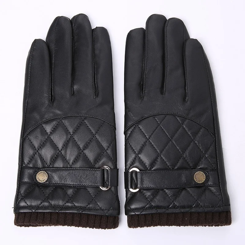 

Перчатки мужские из натуральной кожи, модные клетчатые черные деловые перчатки из овчины для вождения, зимние Утепленные митенки с пятью пальцами