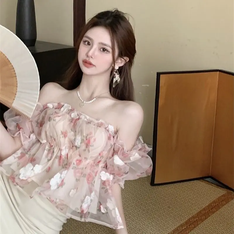 

Blouses Women Summer Sweet French Style Leisure Slim All-match Slash Neck Holiday Floral Lovely Chic Clothing Aesthetic Blusas