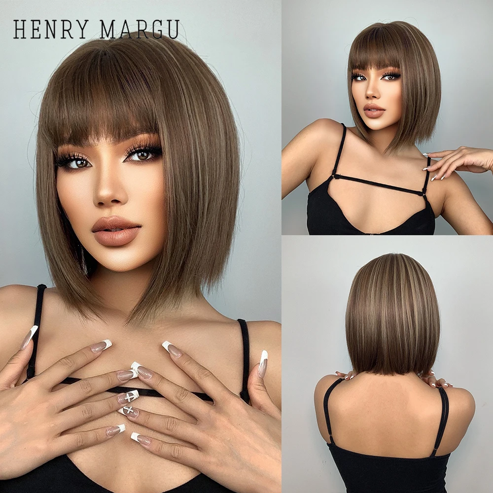 

HENRY MARGU Short Bob Synthetic Wigs Brown Highlight Straight Wigs for Women With Bangs Natural Hair Daily Lolita Fiber Wigs