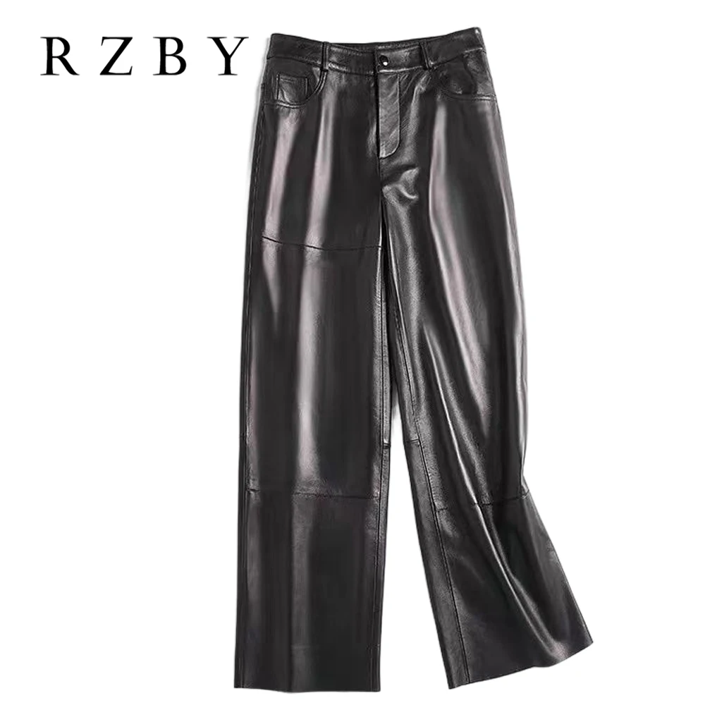 Real Leather Pant Women Genuine Sheepskin Soft Trousers High Waist Straight Leg Pants Slim Elastic All-Match Black  RZBY2426