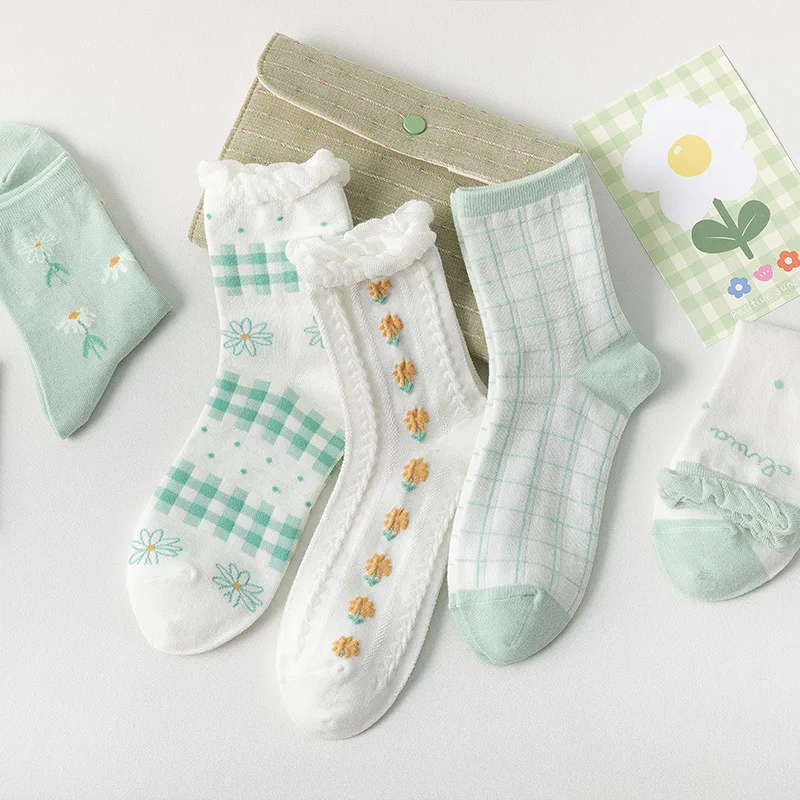 

Носки женские хлопковые с цветочным принтом, милые цветные повседневные клетчатые высокие носки унисекс для девушек, модные на весну-осень