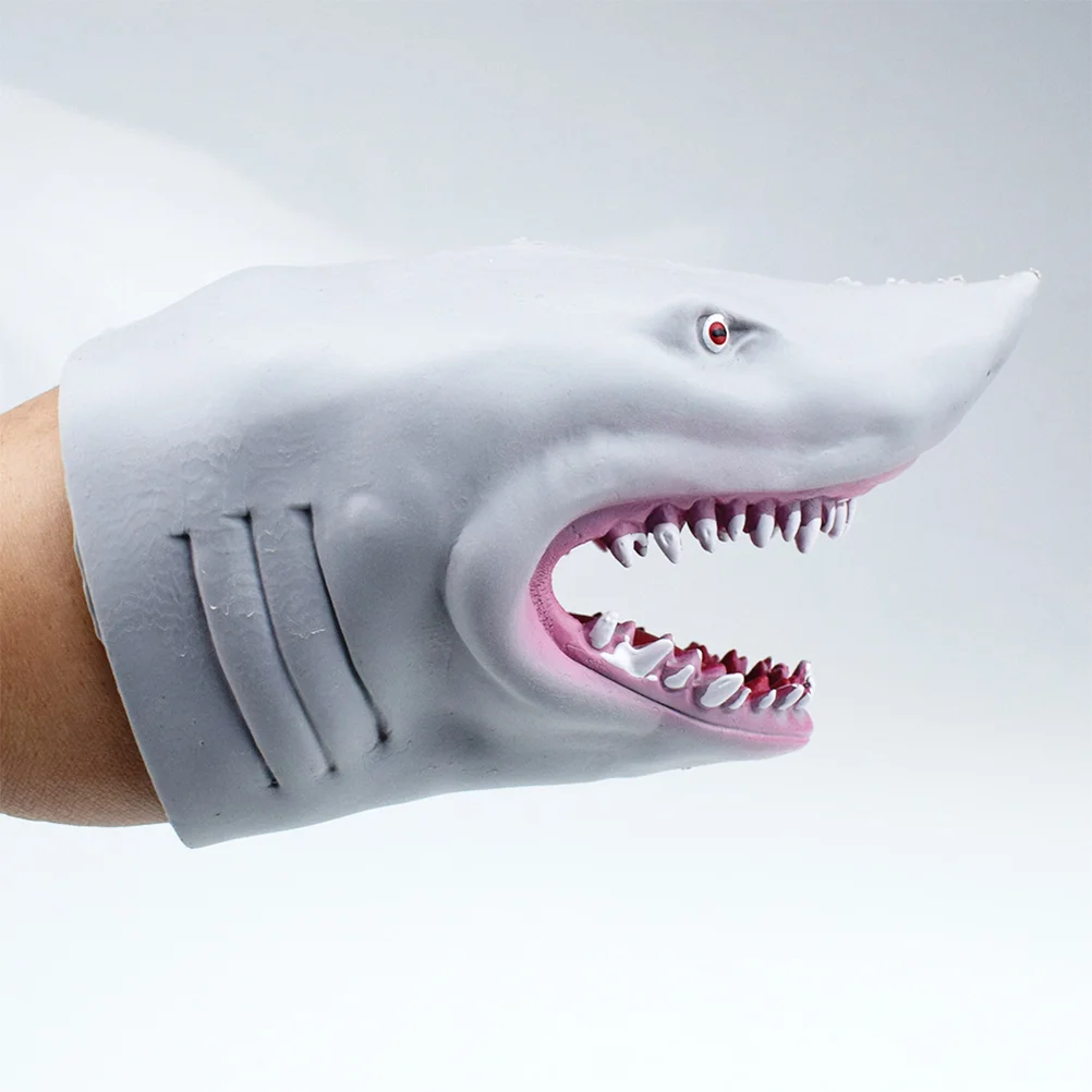 Две штуки имитационных океанских акульих рукавиц пластиковых мультяшных кукол-рассказчиков для взаимодействия родителей и детей.