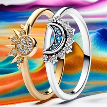 Summer Celestial Blue Sparkling Moon Sun Ring For Women Cocktail Stackable Finger Band Fashion Silver 925 Fine Jewellry Crystal