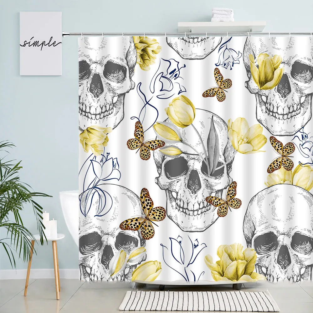 

Занавеска для душа с изображением бабочки, сахара, черепа, желтого тюльпана, скелета, цветов, Штора для ванной комнаты, Декор для дома и ванно...