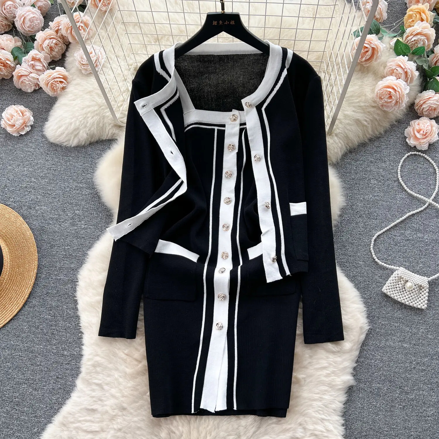 

Женский трикотажный комплект из двух предметов, винтажный свитер, шаль с длинным рукавом и эластичное однобортное платье-комбинация