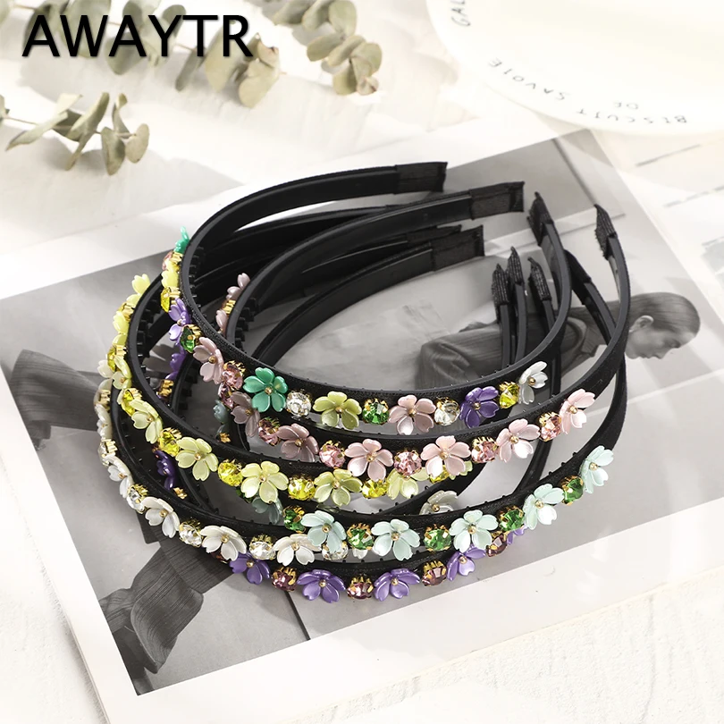 

Женский обруч для волос с цветами AWAYTR, обруч для волос с кристаллами в стиле ретро, обруч для волос во французском стиле, украшение для волос ...