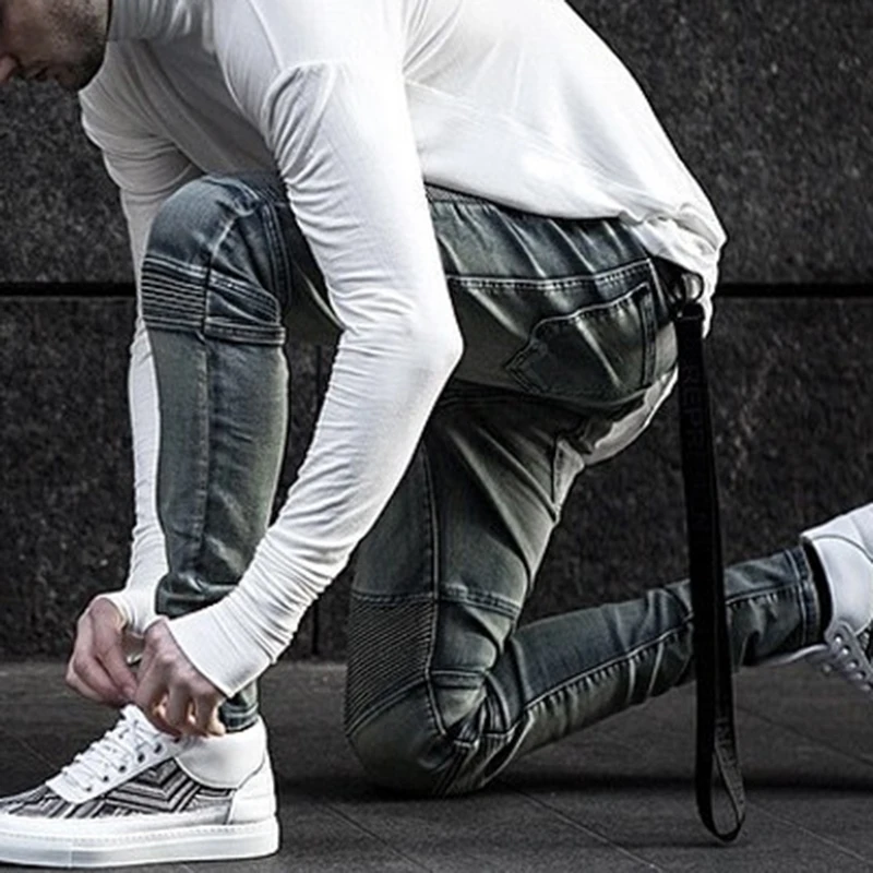 Men Plus Size 28-42 Retro Blue Motorcycle Long Jeans Pleated Denim Pants High Street Casual Zipper Quality Brand For Male