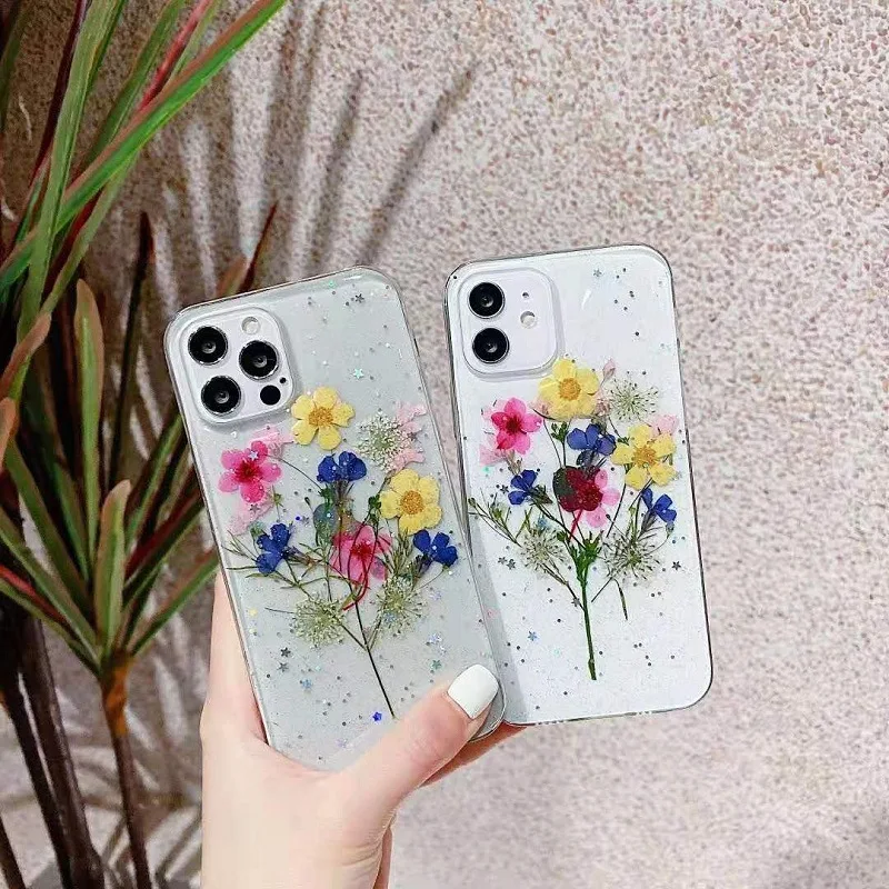 

GLITTER BLING Real Flower Floral Mobile Phone Case for iPhone 14 13 12 11 XR XS 8 7 6 Mini Plus Pro Max