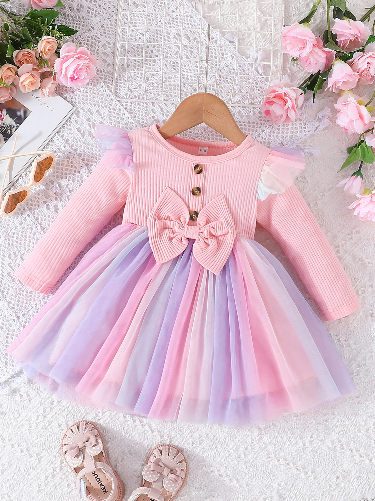 

Baby Girl Ribbed Ruffle Sleeve Tutu Dress with Bowknot - Adorable Princess Casual Outfit for Newborns Perfect for Fall