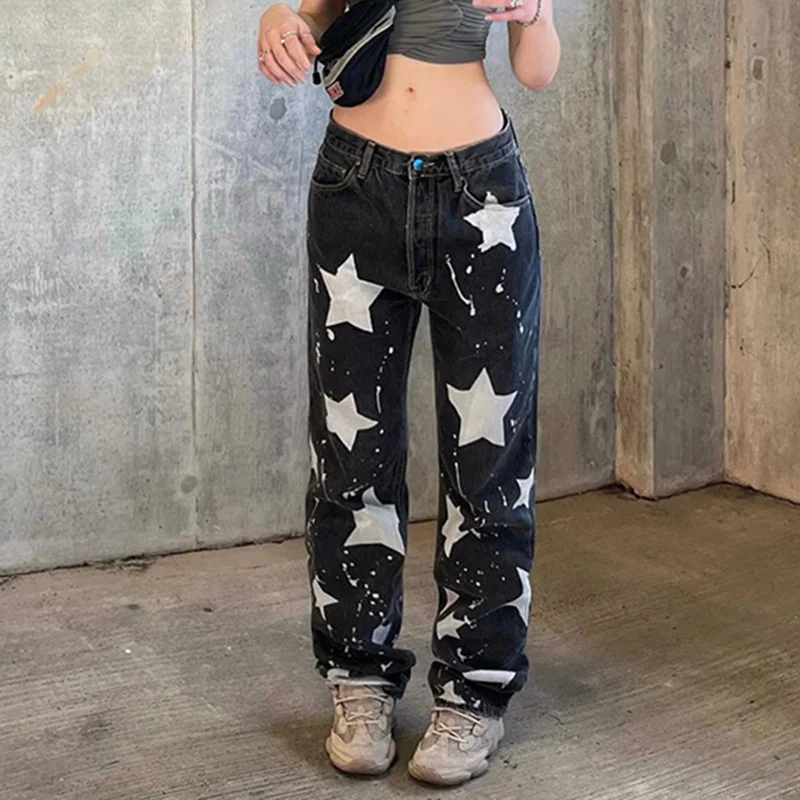 

Новые винтажные джинсы со звездным принтом, модные уличные прямые брюки большого размера Y2k, популярные повседневные широкие брюки для деву...