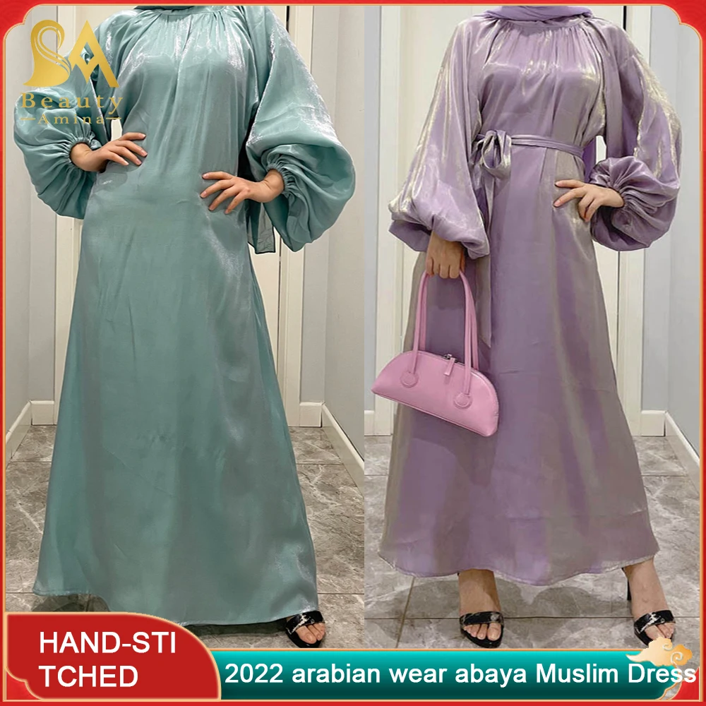 2022 Arabian Wear Abaya Turkey New Dress Large Lantern Sleeves Bright Silk Dress Muslim Long Skirt Abaya Robe Ethnic Traditional