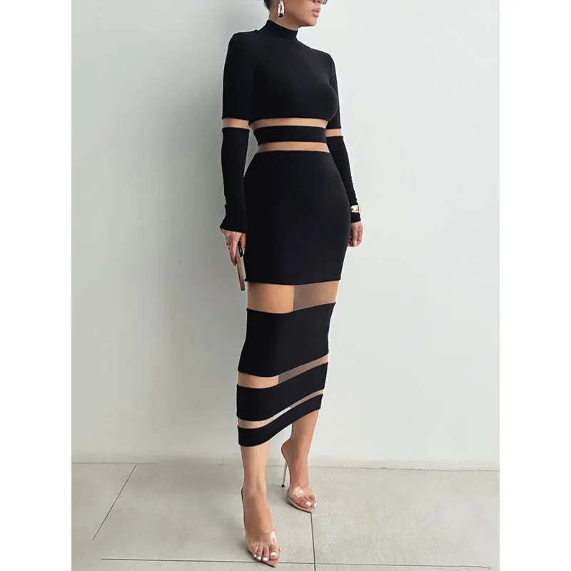 

Patchwork Bodycon Sexy Midi Dress For Women 2023 Autumn Winter New Turtleneck Long Sleeve Club Party Sexy Dress Elegant