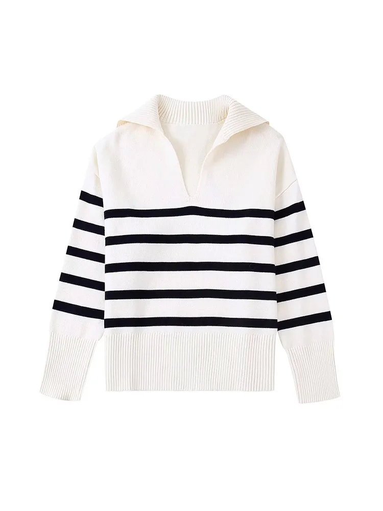 Women 2022 Autumn New Leisure Fashion Striped knitted Sweater Vintage Lapel  Long Sleeve Female Pullovers Chic Tops