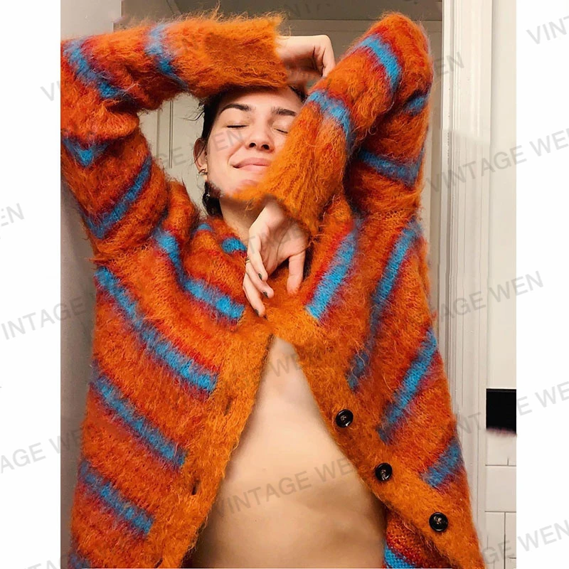 Vintage Wen American vintage orange faux mink wool striped street knitted cardigan women sweater jacket