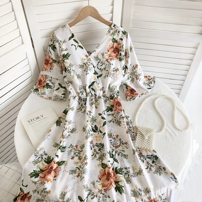 Gaganight женское платье с V-образным вырезом принтом и рукавом-колокольчиком Новинка