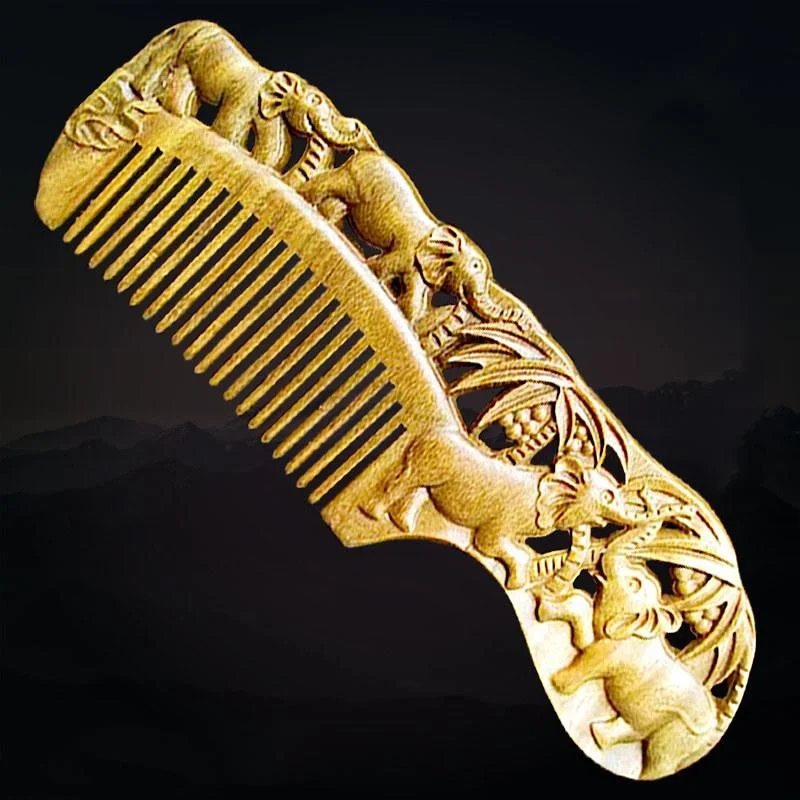 

Natural Green Sandalwood Comb Double Sided Carved Fine Tooth Meridian Massage Wood Comb Anti-static Detangling Smooth Hair