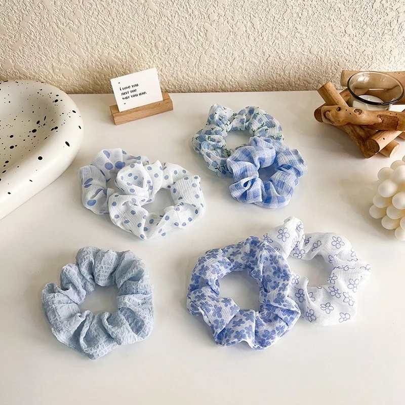 

Refreshing bluewhite hair rope wild plaid polka dot flower hair ring large intestine ring girl fabric head rope hair accessories