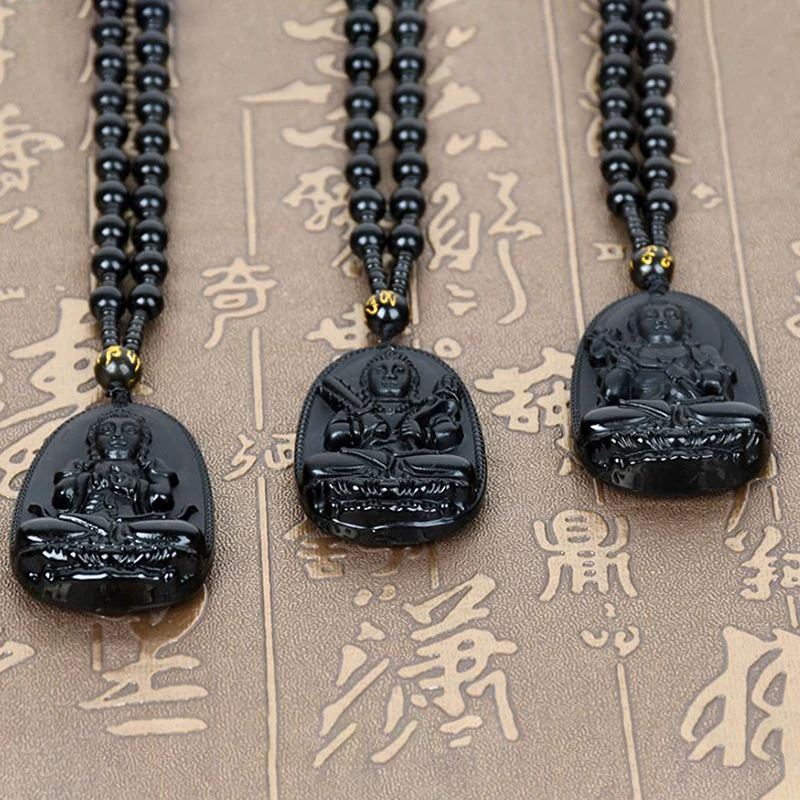 Черный обсидиан резной Будда на удачу Ожерелье Амулет для женщин и мужчин