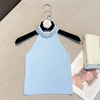 2022 summer new sexy tank femme sweet candy color rhinestone collar sexy sleeveless knitted top slim fit halter