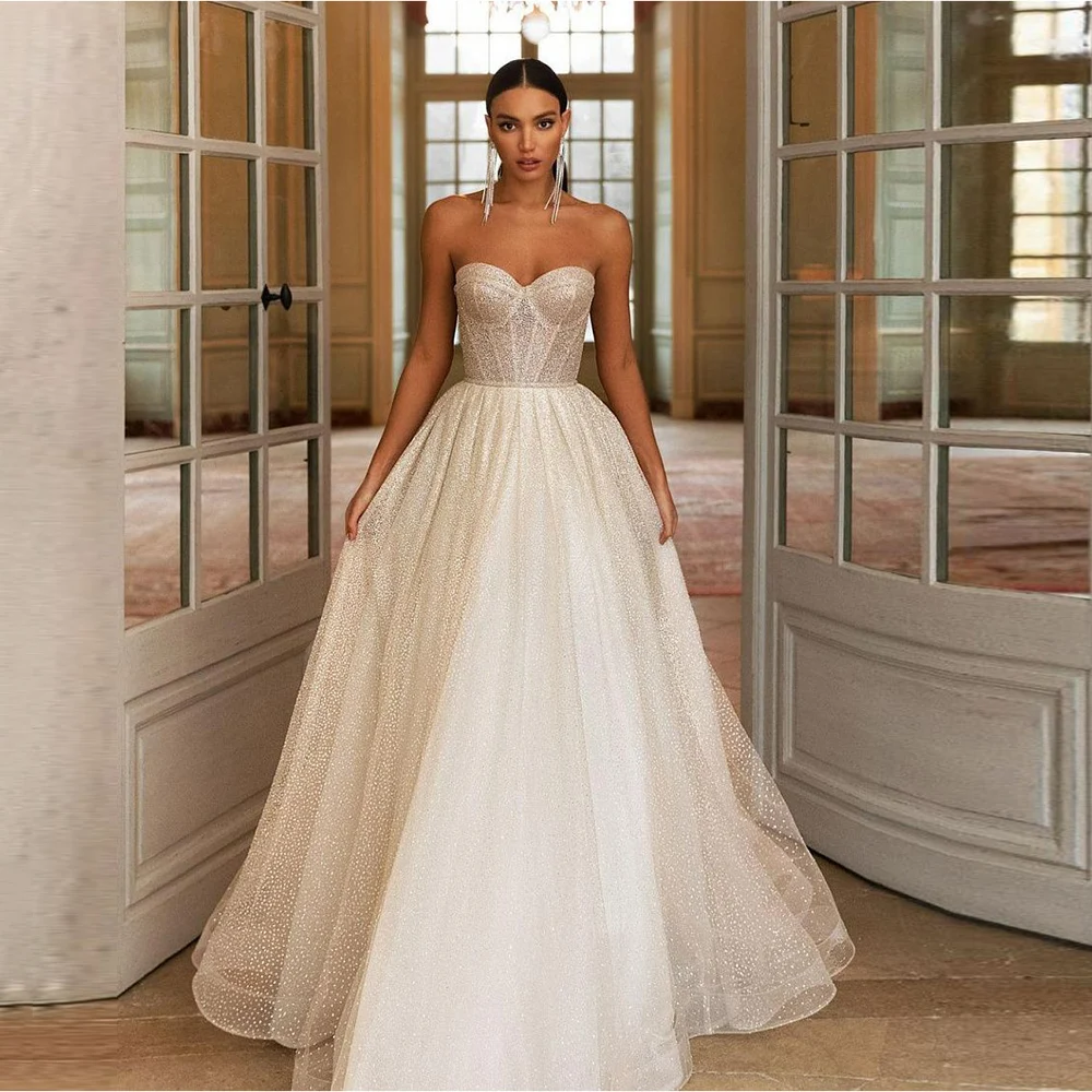 

Sexy Strapless Wedding Dresses Tulle Lace-up Sleeveless Vestido De Novia 2022 Glitter Sequin A-Line Bridal Gowns Sweep Train