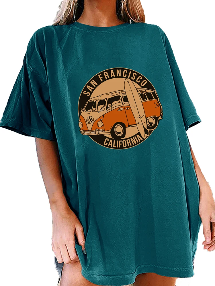 Drop Shoulder Oversized Graphic Tee Vintage Bus San Francisco California Print Funny Tshirt Half Sleeve Loose Long Summer Tops images - 6