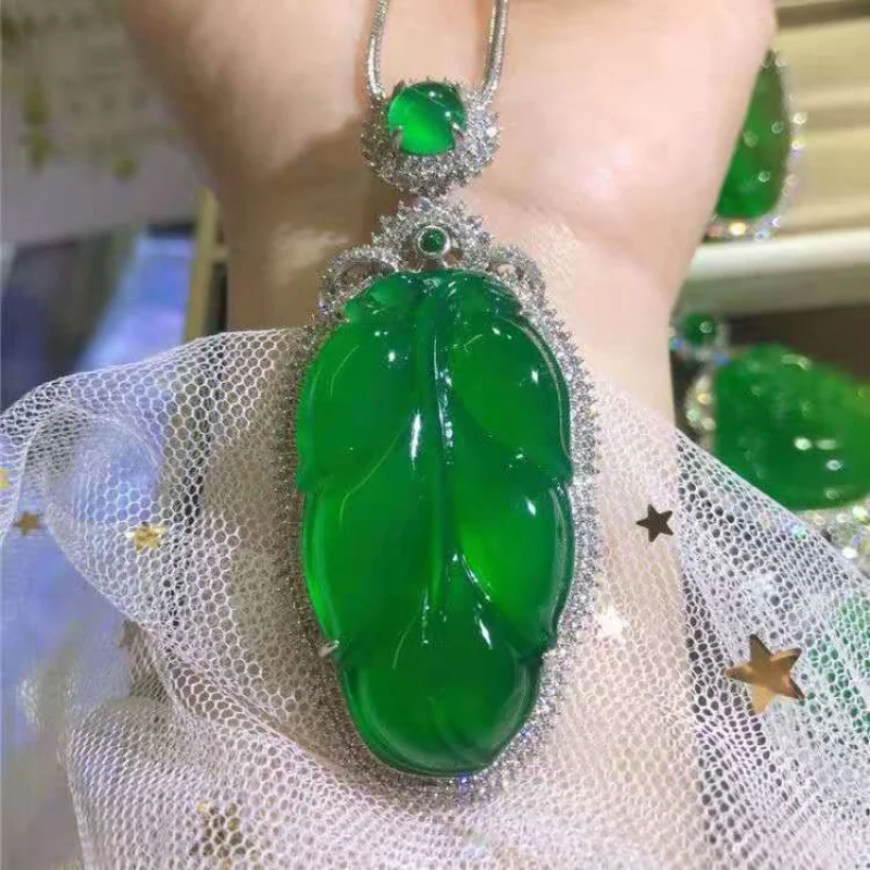 

925Silver Inlaid High Ice Green Chalcedony Descendants of the Rich Pendant Green Chalcedony Leaf Necklace Jade Jade Pendant Swea