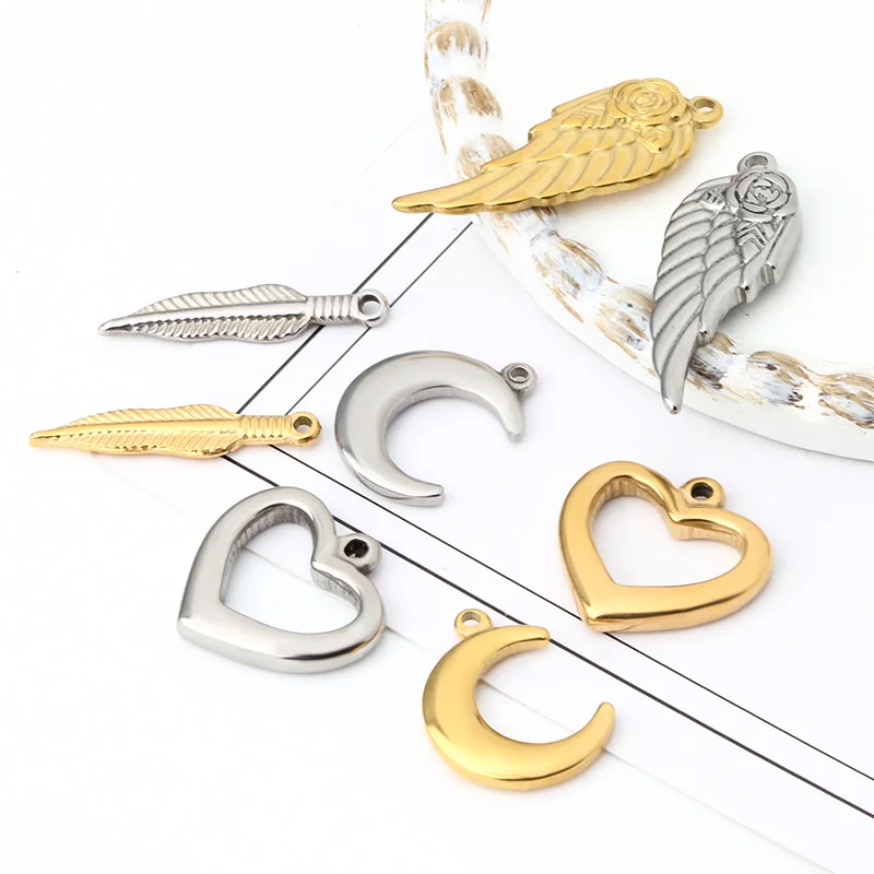Stainless Steel Polishing Lock Key Moon Wing Leaf Fashion Pendants Jewelry Making Supplies DIY Accessories Plated 18KGold Color