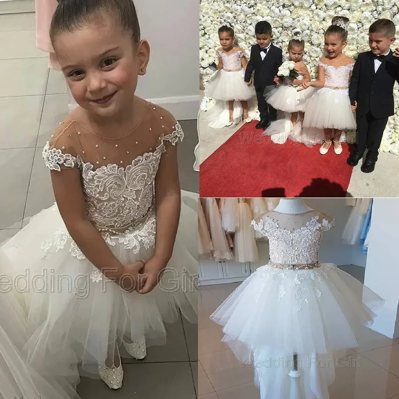 

Hi-Lo Tulle Flower Girls Dresses With Lace Appliques Beads Sash Sheer Neckline Girl Pageant Gown Sexy Back Birthday Kids Clothes