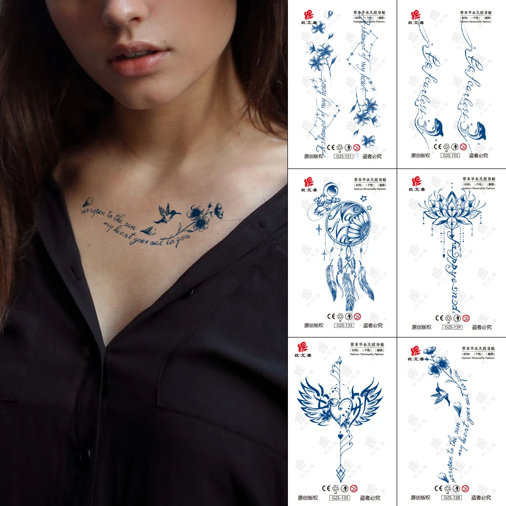 

Waterproof Temporary Tattoo Hummingbird English Letter Tattoo Sticker Ocean Wave Constellation Creative False Tattoo 7-15 Days