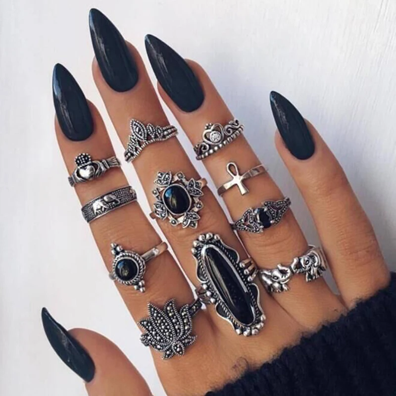 

11 Pcs/set Fashion Flower Midi Ring Sets Elephant Moon Star Crown Retro Crystal Opal Knuckle Rings for Women Jewellery A5M218
