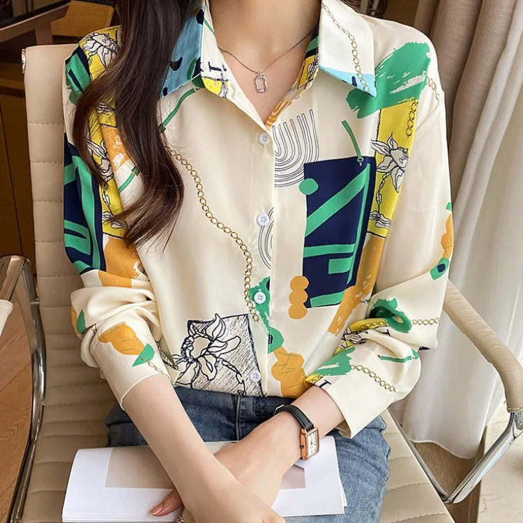 

Женская шифоновая блузка с отложным воротником, элегантная повседневная Свободная блузка с винтажным принтом и длинным рукавом, осень 2022