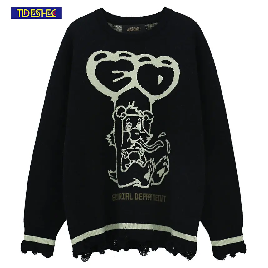 

Hip Hop Knitted Men Hole Sweater Cartoon Sweater Streetwear Harajuku Autumn Winter Oversized Casual Pullover Couples Sweaters