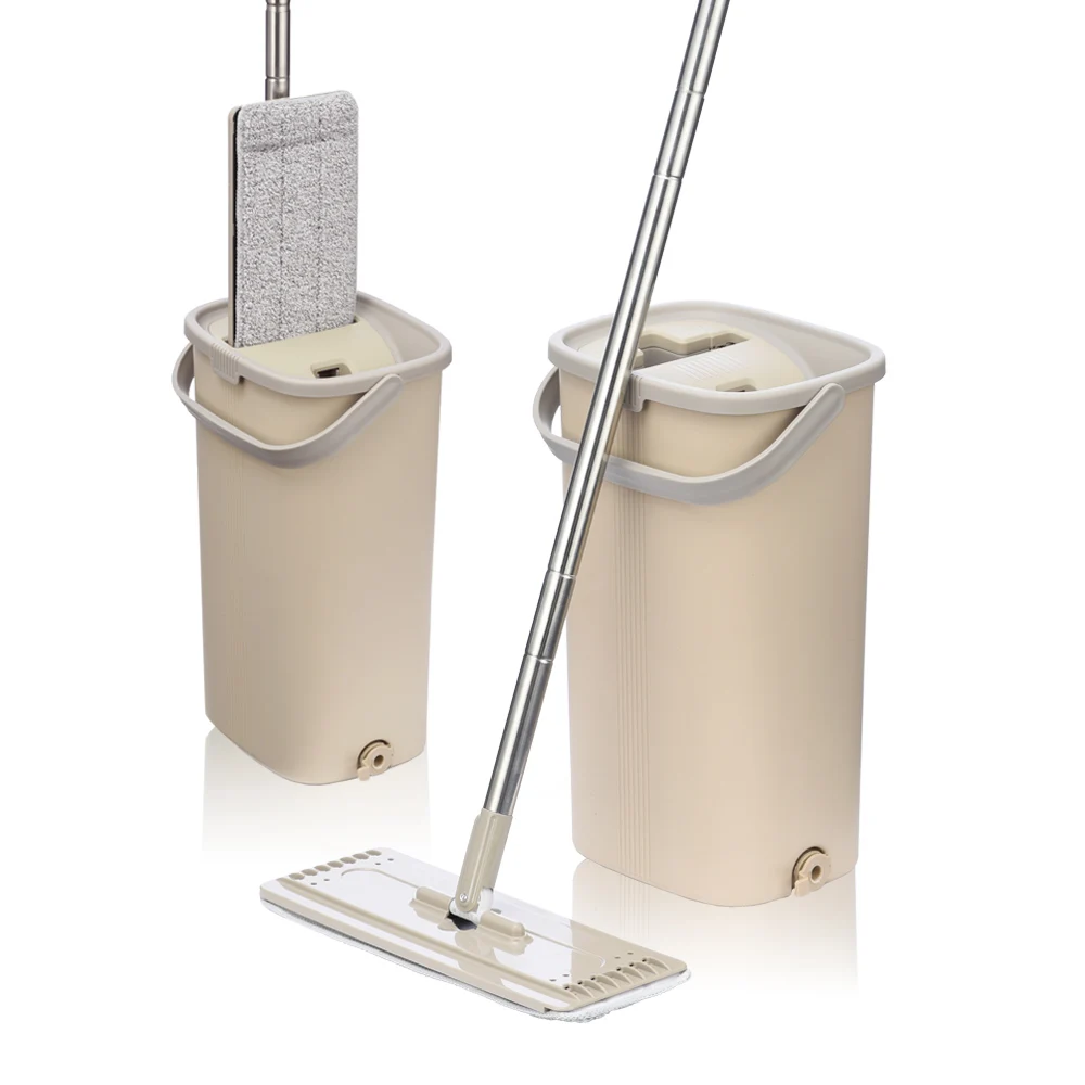 

Squeeze Hand Free Flat Mop Bucket With Stainless Steel Handle Wet Dry Floor Cleaning 360 rotatable heads With Reusable Mop Pads