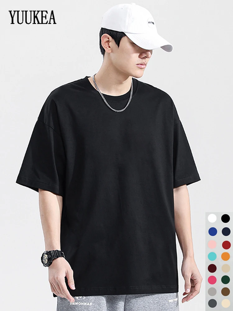 

YUUKEA Simple Solid O Neck Base T-shirt Men Oversized Short Sleeve Retro Cotton Tees Male Leisure Streetwear Loose All-match Top