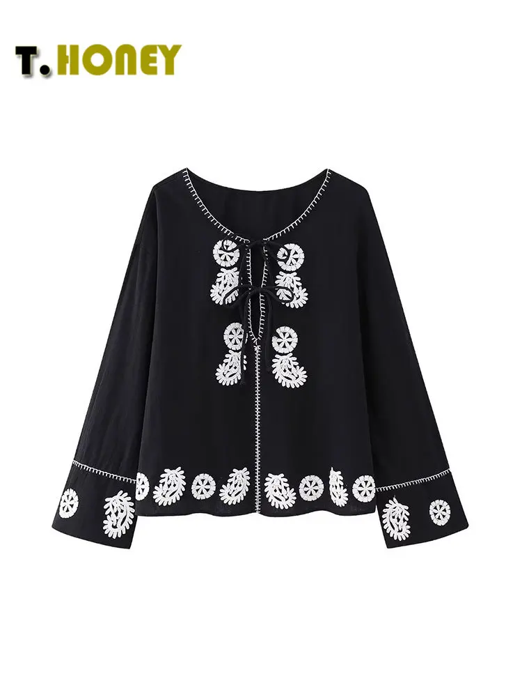 

Женские модные блузки TELLHONEY с круглым вырезом, на шнуровке, с вышивкой, Женская Повседневная шикарная Свободная рубашка с длинным рукавом, ш...