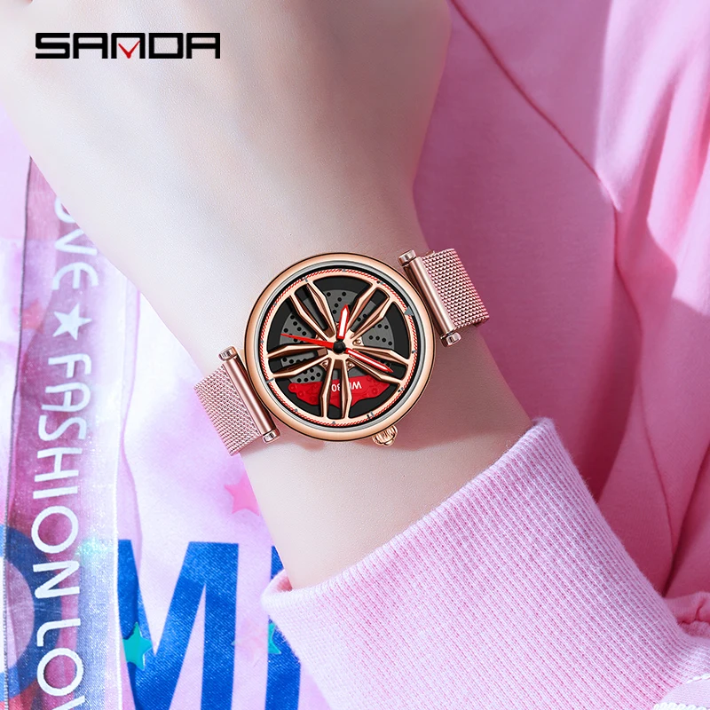 SANDA Racing Watch Women Fashion Rose Gold Mesh Strap 30M Waterproof Quartz Watch 360° Rotating Dial Womens Watches Gift P1074