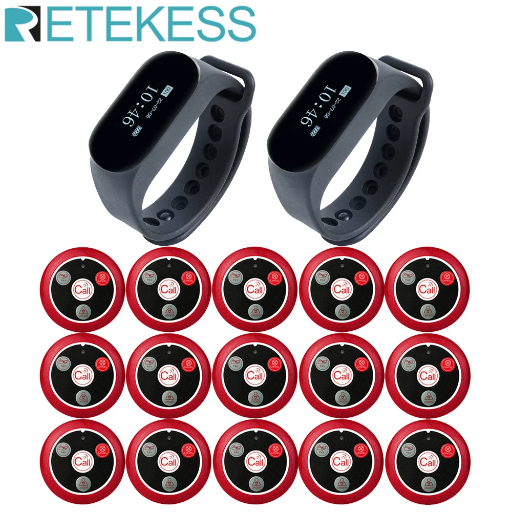 RETEKESS Wireless Waiter Calling System Restaurant Pager 2 TD112 Waterproof Watch Receiver+15 T117 Call Button for Coffee Clinic