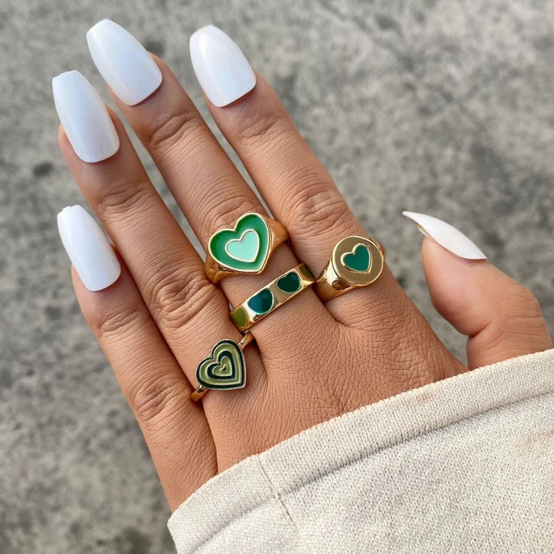 

4pcs/set Creative Sweet Double Love Heart Drop Oil Ring Sets Green Tai Chi Yin Yang Joint Rings for Women Jewelry Wholesale