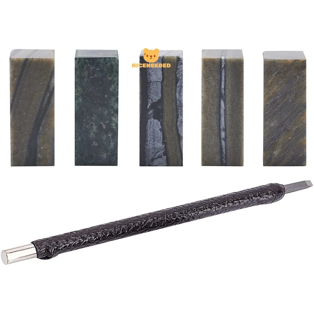

5PCS Stamp Stone with Wood Chisels Stone Carving Set Seal Chinese Name Stamp for Painting Calligraphy Art Supply