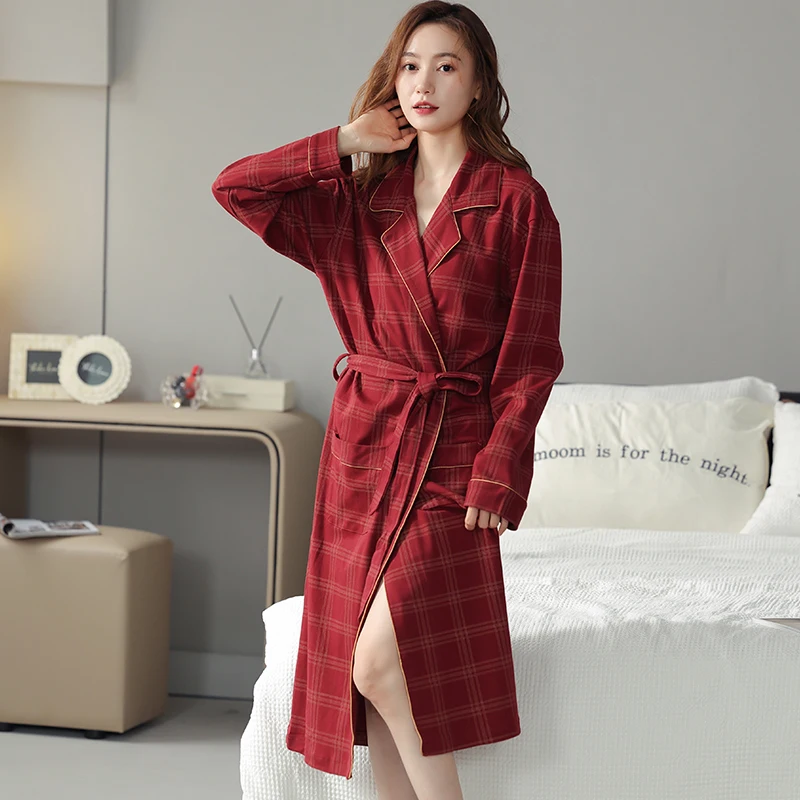 

Plaid Robe M-4XL 100% Cotton Robe For Sleep Women Spring Sexy Pijamas Feminino Inverno Long Sleeve Nightgown Loungewear Bathrobe