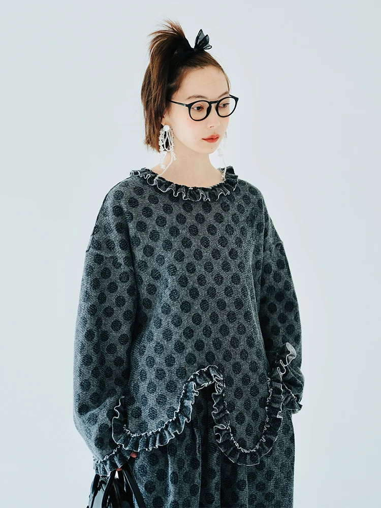 Imakokoni's original design Long sleeve irregular splicing sweater Women's round neck pullover polka dot casual lace top