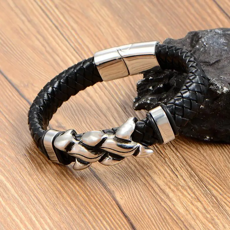 Мужской классический браслет ручной работы черный кожаный с магнитной пряжкой и