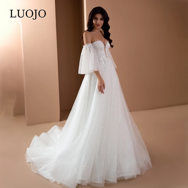 

LUOJO A-line Sweethert Corset Back Half Sleeves Tulle Vestidos De Novia Wedding Dress Appliques Tea-length Bridal Gown For Women