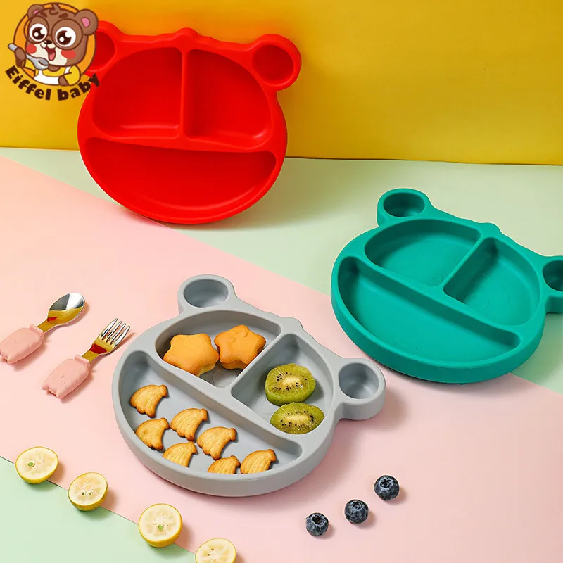 2023 Cute Cartoon Bear Baby Items For Infants Food Grade Silicone Plate Animal Print Dish Dinnerware For Toddler Kitchenware