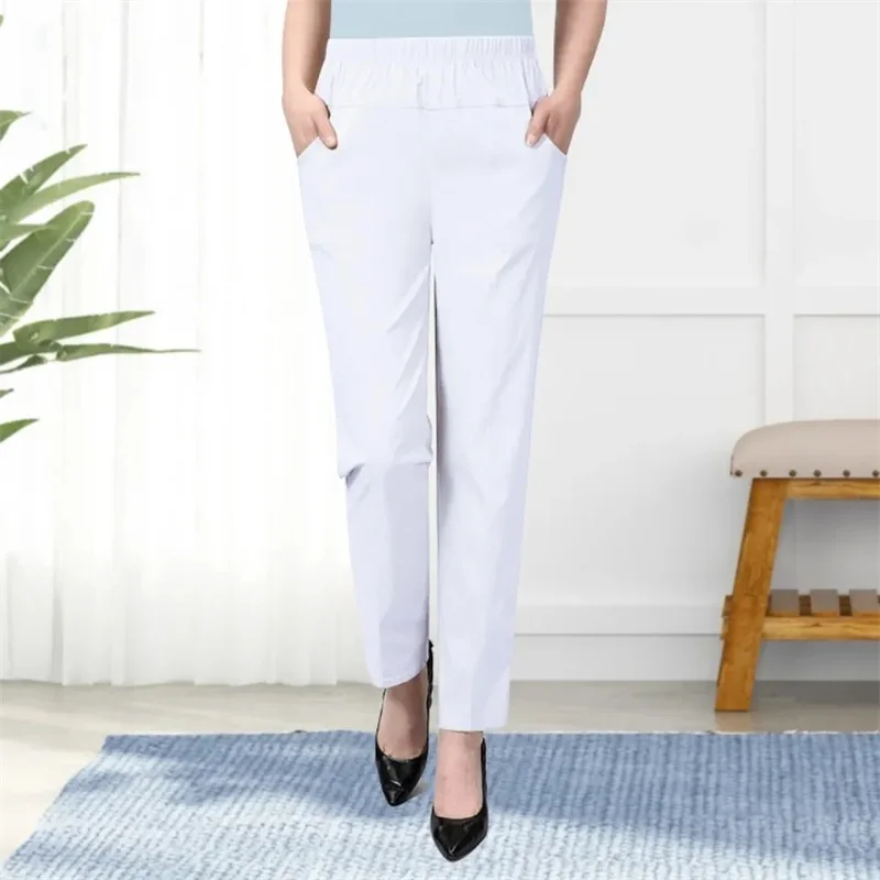 Однотонные эластичные женские брюки с высокой талией для мам осенние
