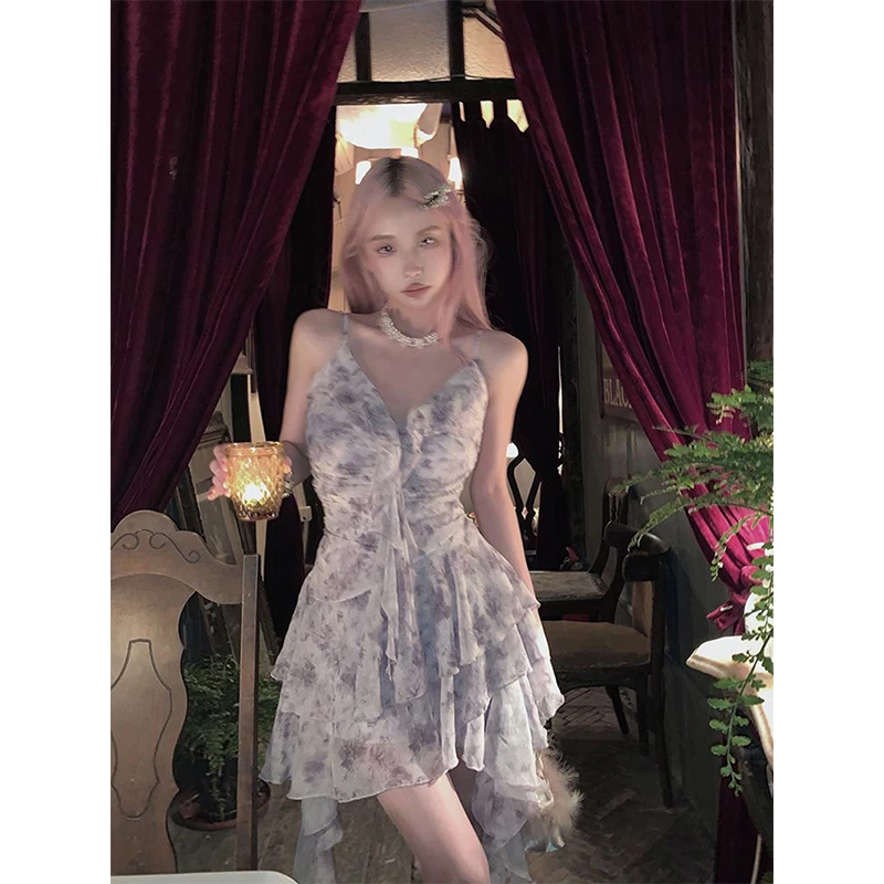 Милое цветочное мини-платье женские корейские платья на бретелях-спагетти с