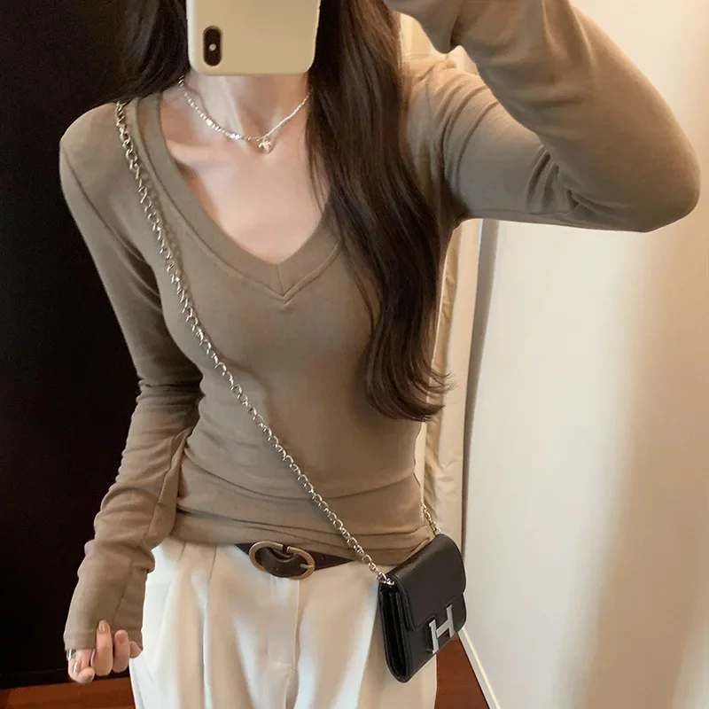 Корейский стиль Sweeter Spicy Screw ThreadV Neck Утягивающая внутренняя футболка Женская