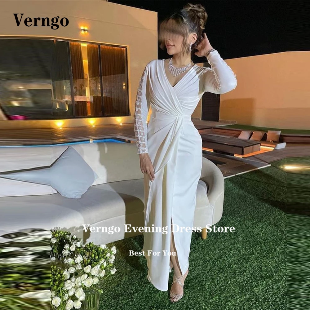 

Verngo Dubai Arabic Women Ivory Evening Dresses V Neck Sheath Stretch Ankle Length Vintage Prom Formal Party Gowns Abendkleider