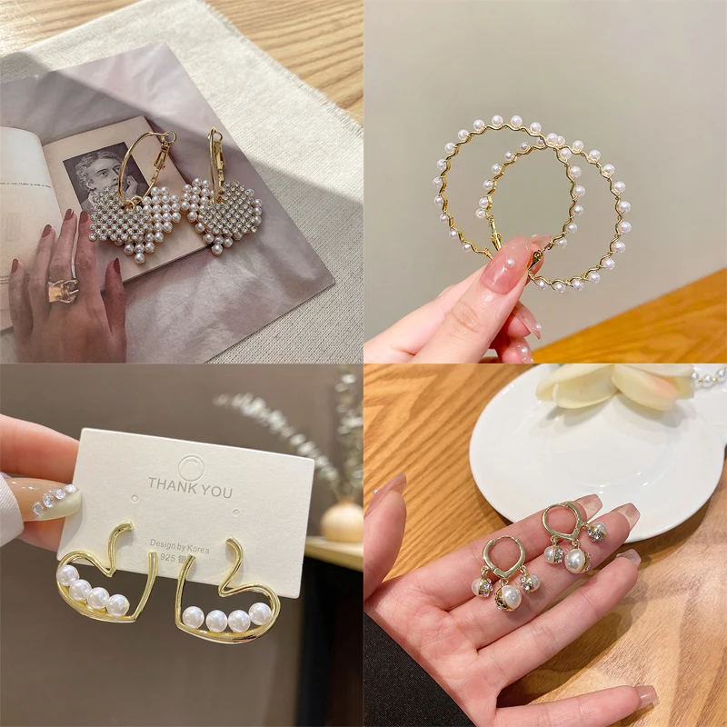 

Simple Plain Gold Color Metal Pearl Hoop Stud Earrings Fashion Big Circle Heart Statement Earrings for Women Party Jewelry